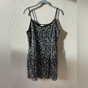 LBD SPARKLY BLACK MINI DRESS GOLD METALLIC SWIRLS SPAGHETTI STRAPS BODYCON  M/S